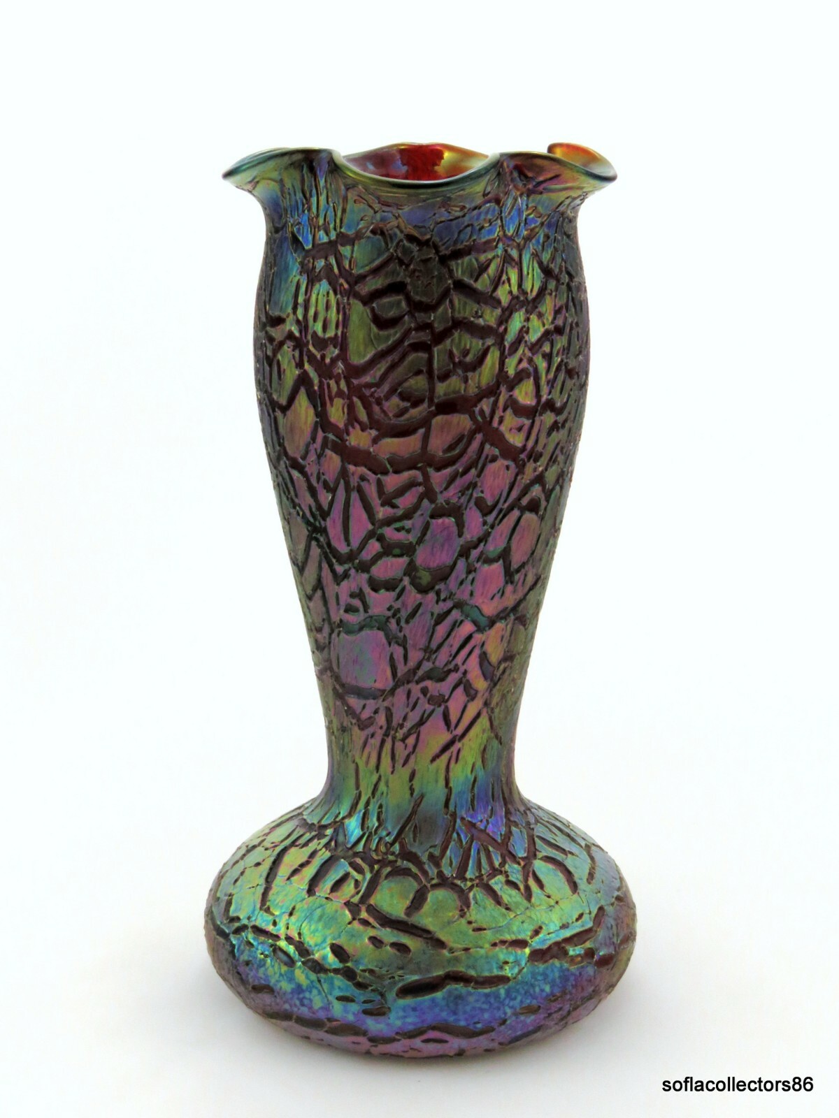 Rindskopf Rubina (Ruby) Iridescent Crackle Tall Jugendstil Art Glass Vase 