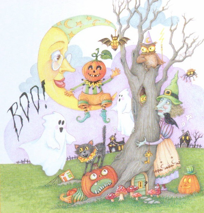 BOO Witch Owl Ghost Cat-Handcrafted Halloween Magnet-w/Mary Engelbreit art