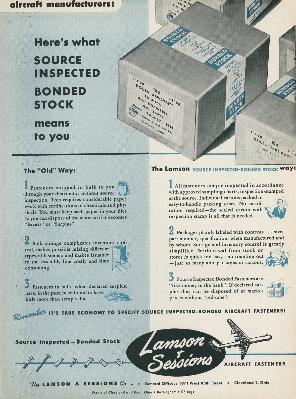 1951 Lamson & Sessions Aviation Fasteners Ad Convair B-36 Bomber Bonded Stock