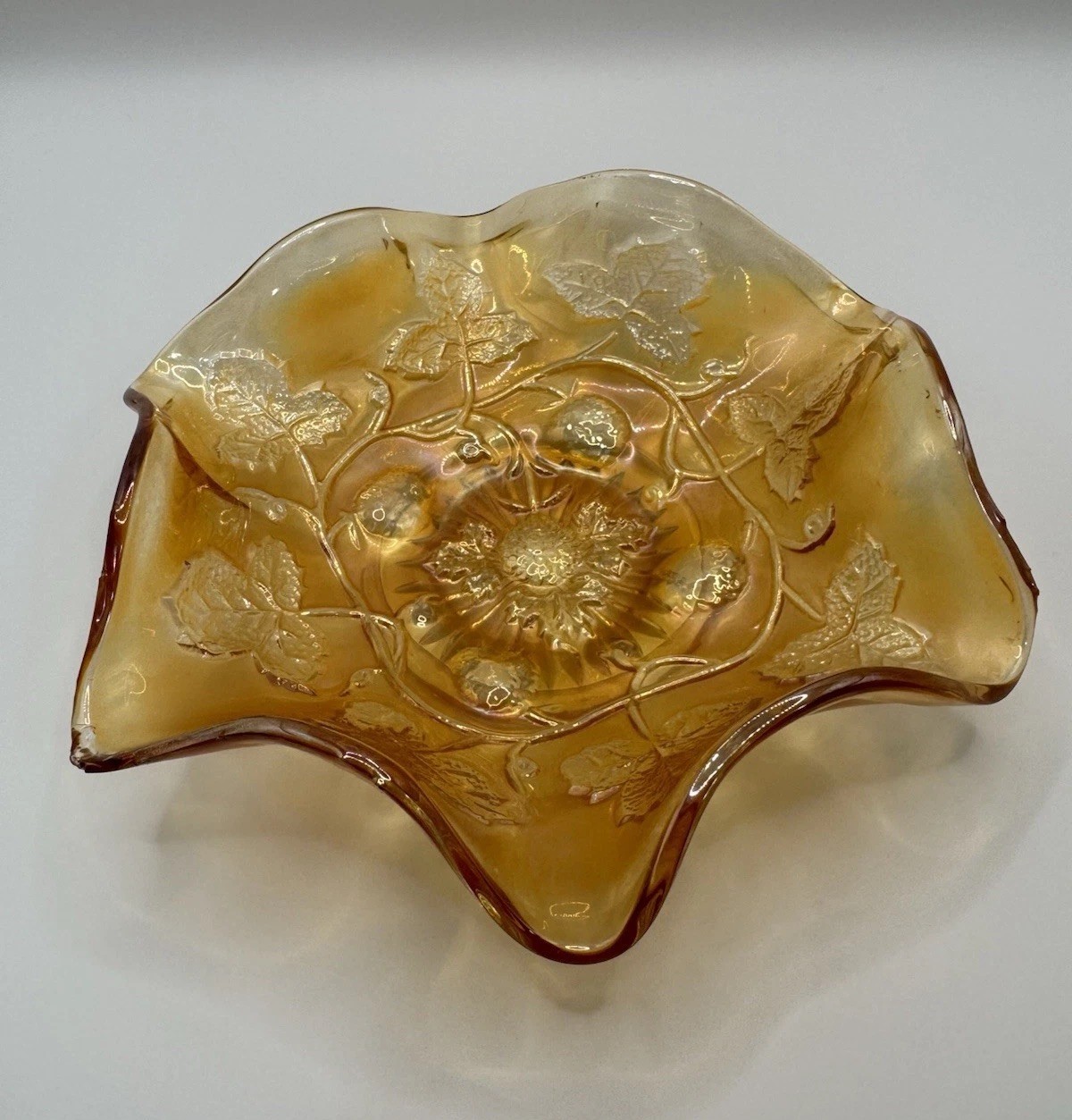 Vintage Millersburg Carnival Glass Bowl 6” Orange Strawberry Ruffled Edge Vintage Millersburg Carnival Glass Bowl 6” Orange Strawberry Ruffled Edge
