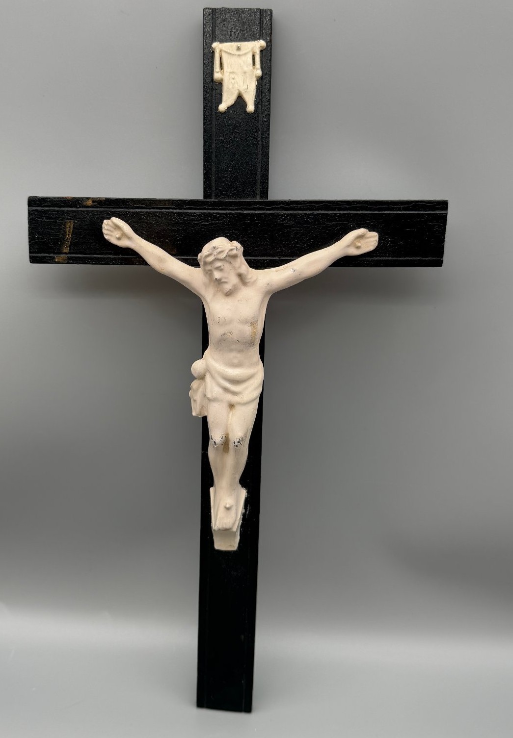 Vintage Crucifix Wall Cross Jesus Christ Corpus Black Wood & Metal Catholic