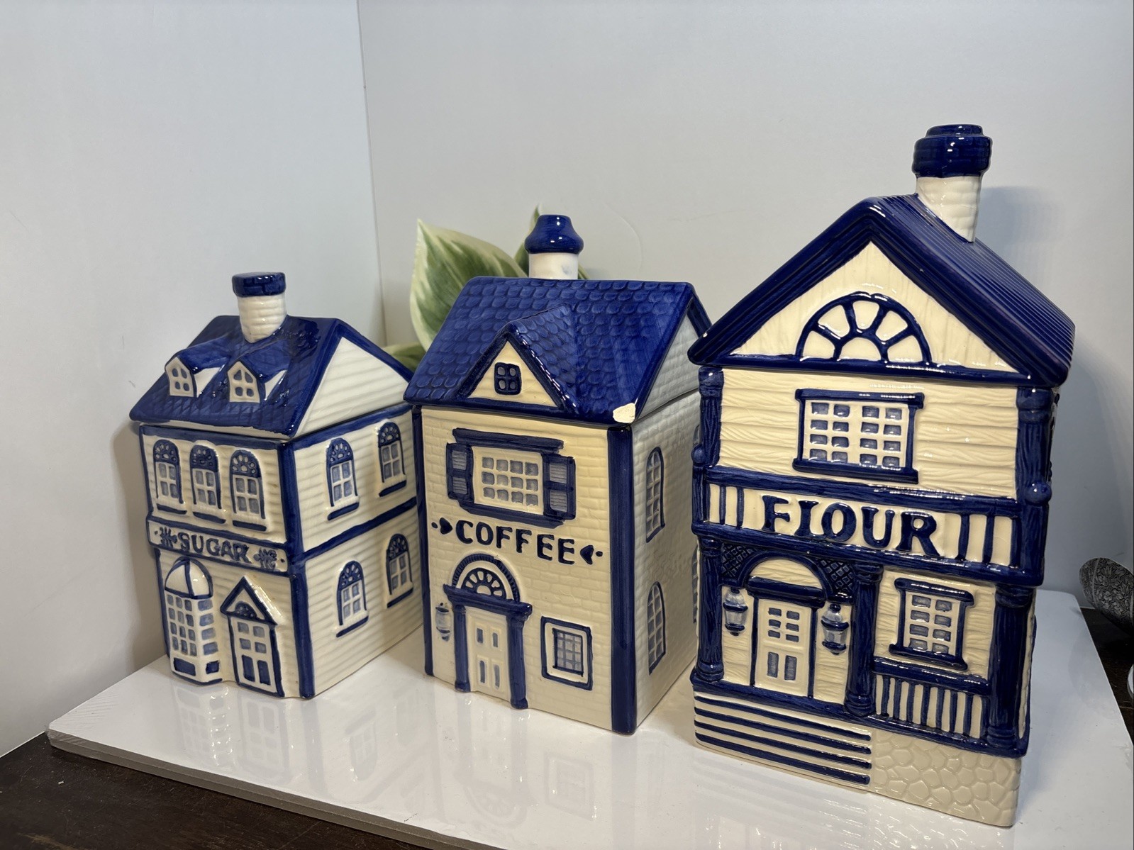 Vintage CKAO 3pc Village Canisters Blue & White Victorian Houses