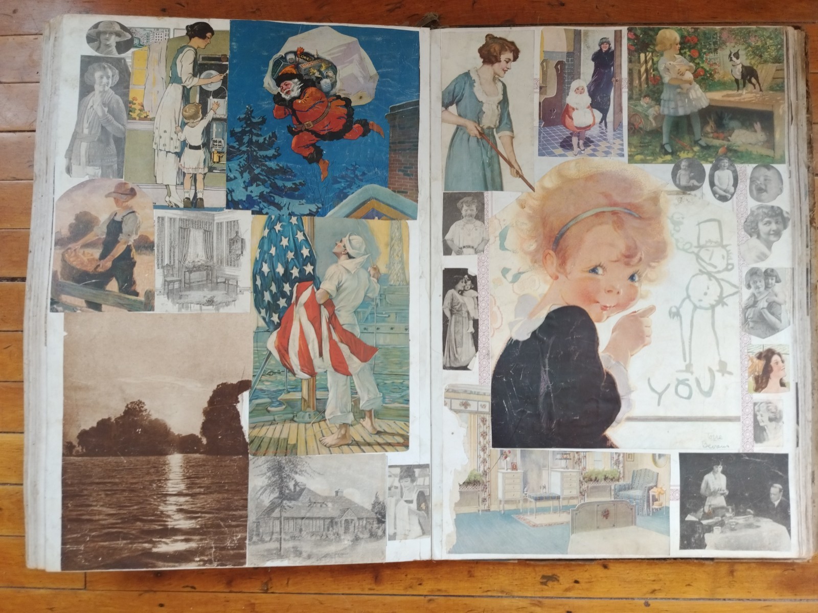 Antique 1918 Scrapbook Album Trade Cards Cutouts 70 Big Pages RARE Santa Flag 