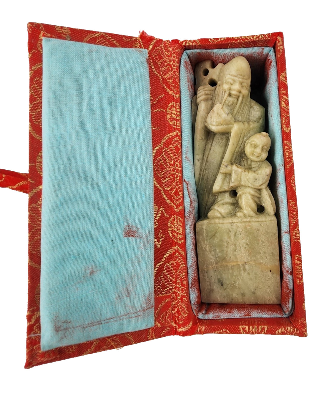 Vintage Hand Carved Soapstone Chinese Name Seal Chop Wise Man Shou Lao Boxed