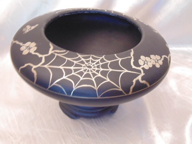 Super RARE Tiffin SPIDERWEB Black Satin Glass Sterling Overlay Bowl & Base Set
