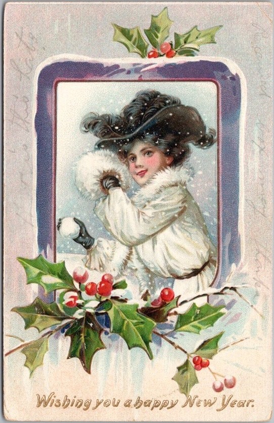 1907 Tuck\'s NEW YEAR Postcard Pretty Lady w/ Snowball *Writing on Front of Card