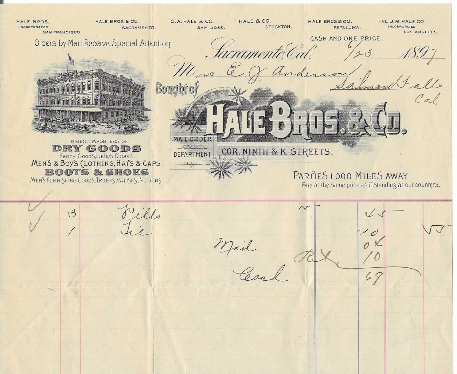 1897 Sacramento California Hale Bros Dry Goods Boots Shoes letterhead