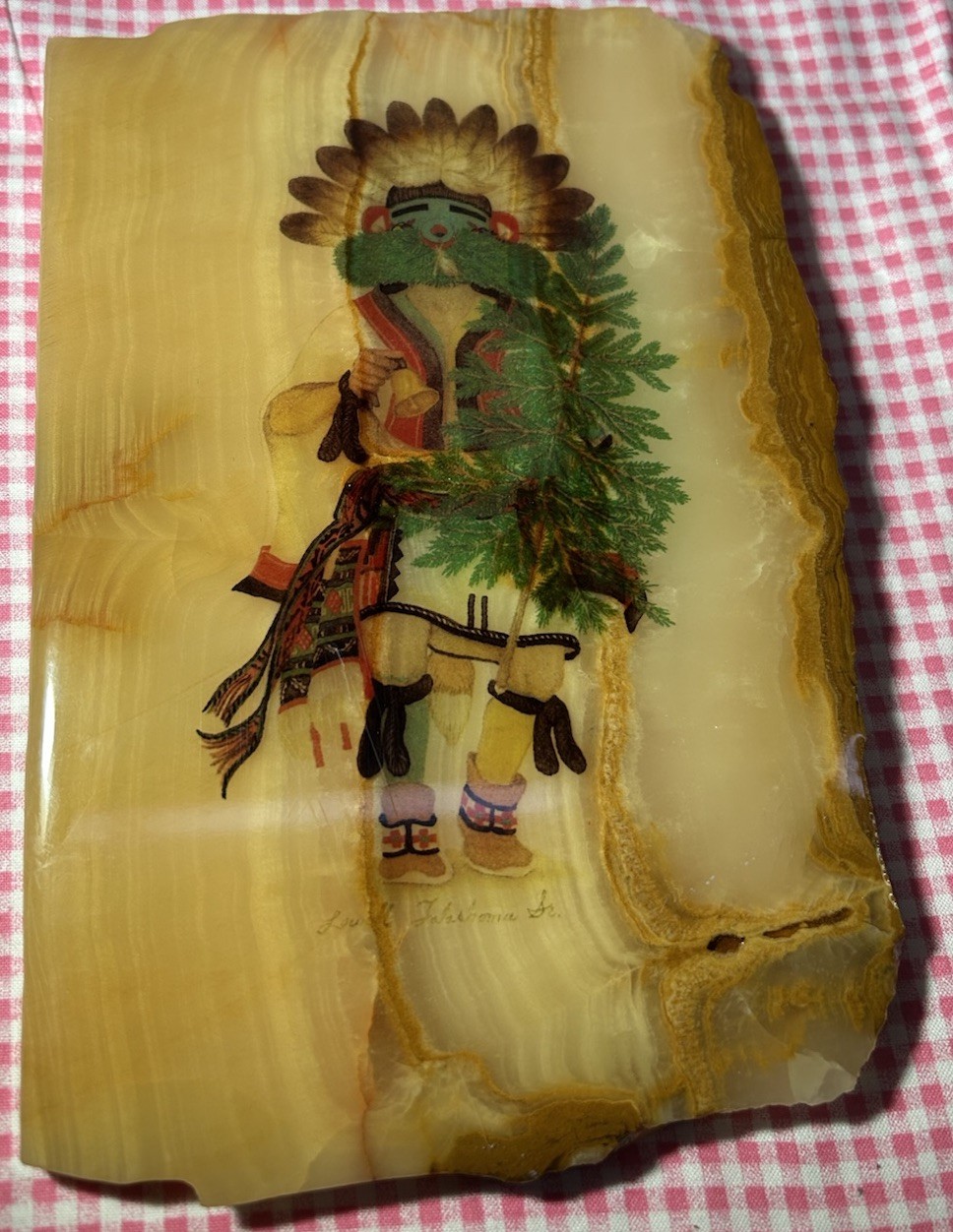 Honey Onyx Signed Hopi Kachina Plaque By Lowell Talashoma Sr. 8 Inches 