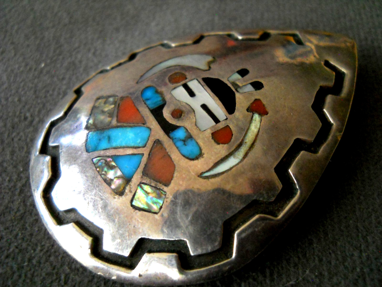 Old Native American Navajo MultiStone Yei Inlay Sterling Silver Teardrop Pendant Old Native American Navajo MultiStone Yei Inlay Sterling Silver Teardrop Pendant