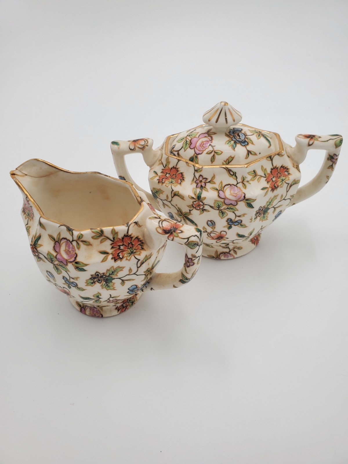 Vintage Moriama Mori-Machi Chintz Creamer Sugar Bowl Set Lid Japan Floral-AS IS Vintage Moriama Mori-Machi Chintz Creamer Sugar Bowl Set Lid Japan Floral-AS IS