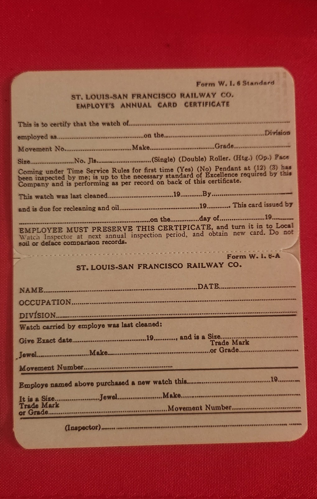 4 FRISCO  Railroad Employee Pocket Watch Inspection Card Blank