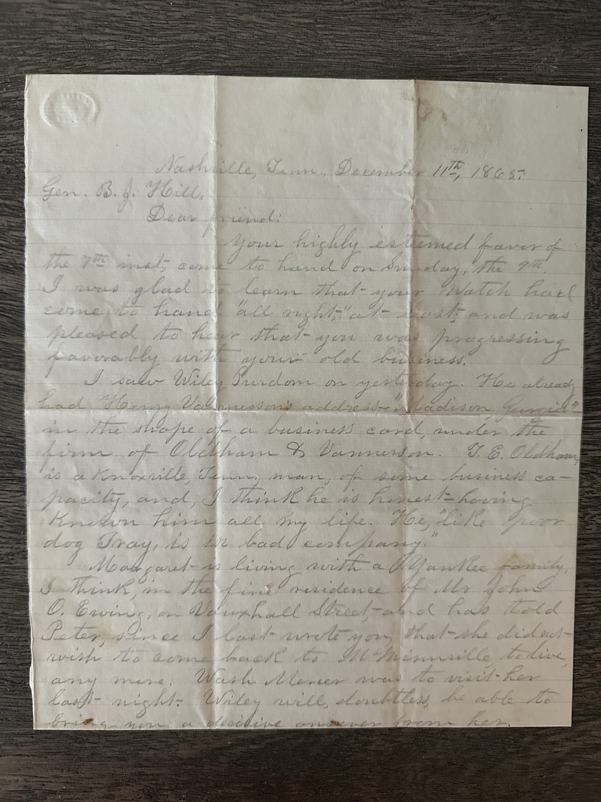 1865 Reconstruction Letter Gen Benjamin J Hill 35th TN Infantry George M Anthony
