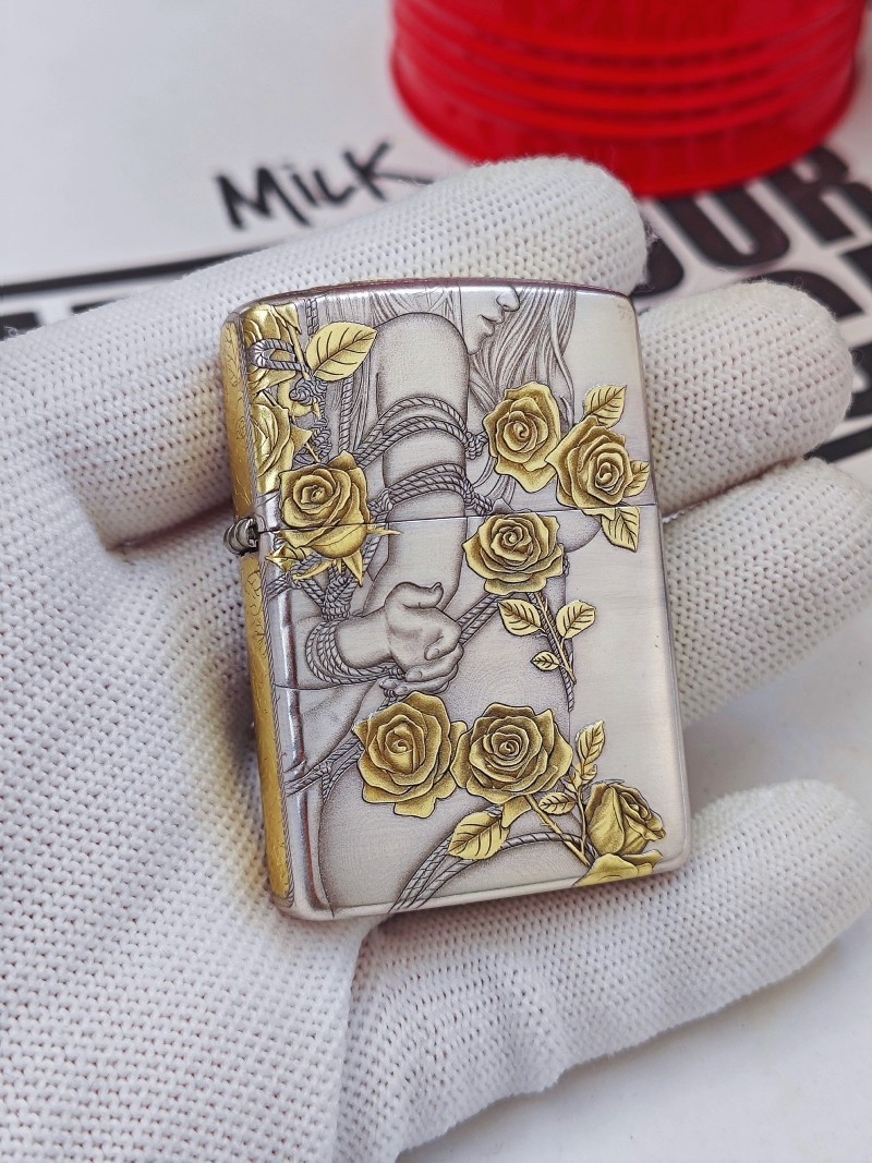 Rose Girl 5-Sided Relief Armor Silver Plated Zippo Lighter