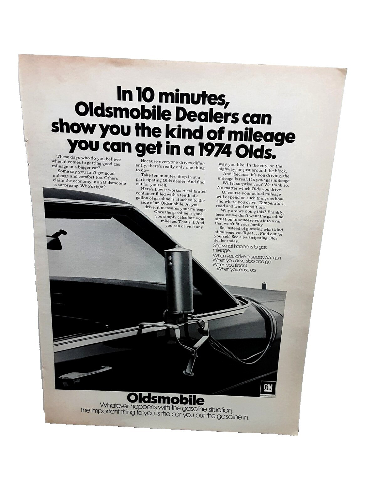 1974 Oldsmobile Dealers Mileage Print Ad – In 10 Minutes Vintage Advertisement