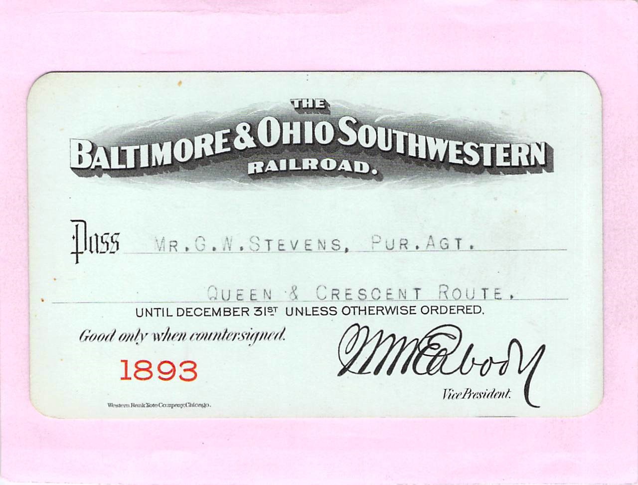 PEABODY SIGNED BALTIMORE OHIO SOUTHWESTERN RAILWAY RR RAILROAD PASS RARE 1893