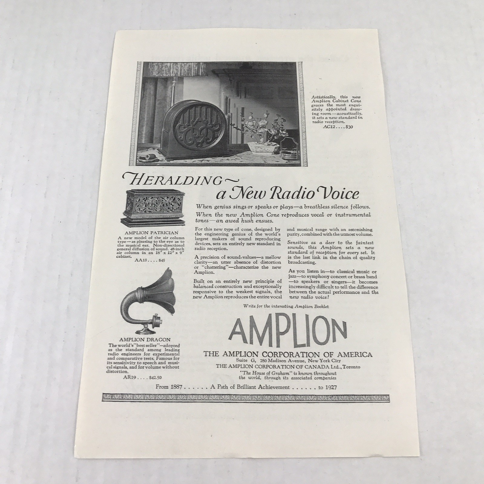 Amplion Heralding A New Rasio Voice Vtg 1926 Print Ad