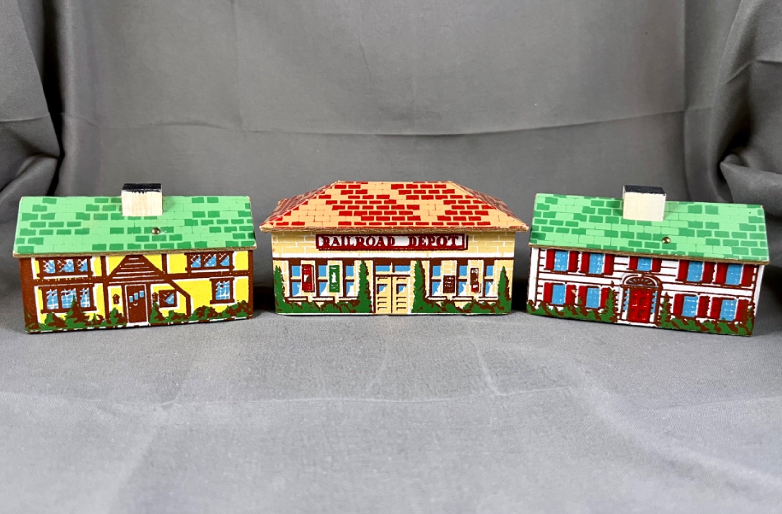 VTG Keystone Wooden Block Toy Village Building Model Railroad Depot House Lot x3
