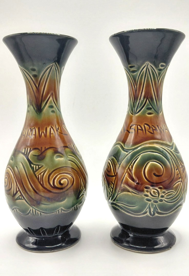 Pair Sarawak Malaysia Art Pottery Vases 20cm Green Brown Ceramic