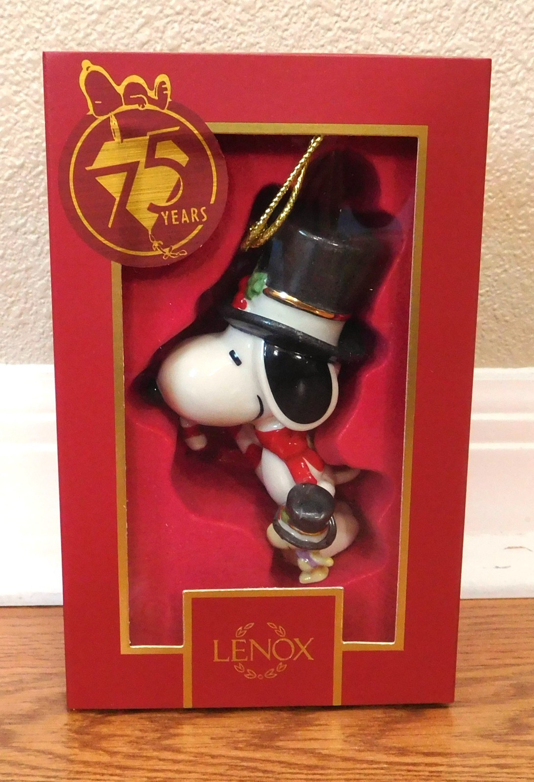 NIB $84 Lenox Snoopy & Woodstock Candy Cane Porcelain Ornament 75th Anniversary