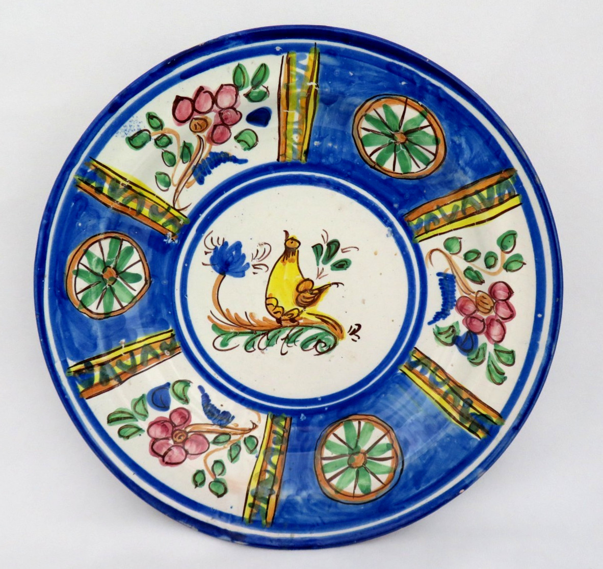Antique 1800s Large Faience Majolica Pottery Platter Manises, Spain ROOSTER  13\