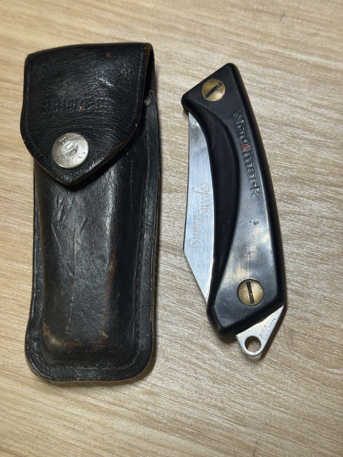 Vintage NORMARK Super Swede Folding Pocket Knife With Leather Sheath