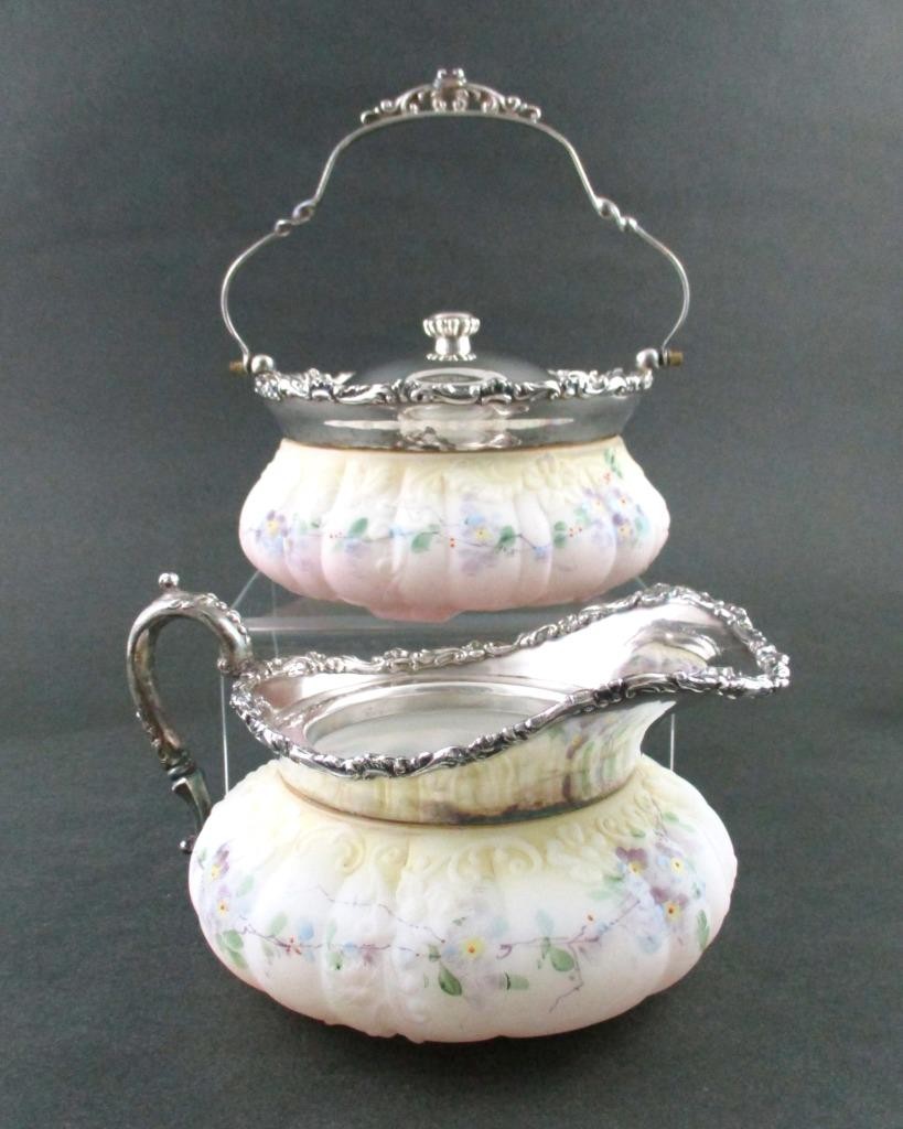 Floral CREAM & SUGAR Set - Antique Mt. WASHINGTON art Glass & Silverplate 1890's