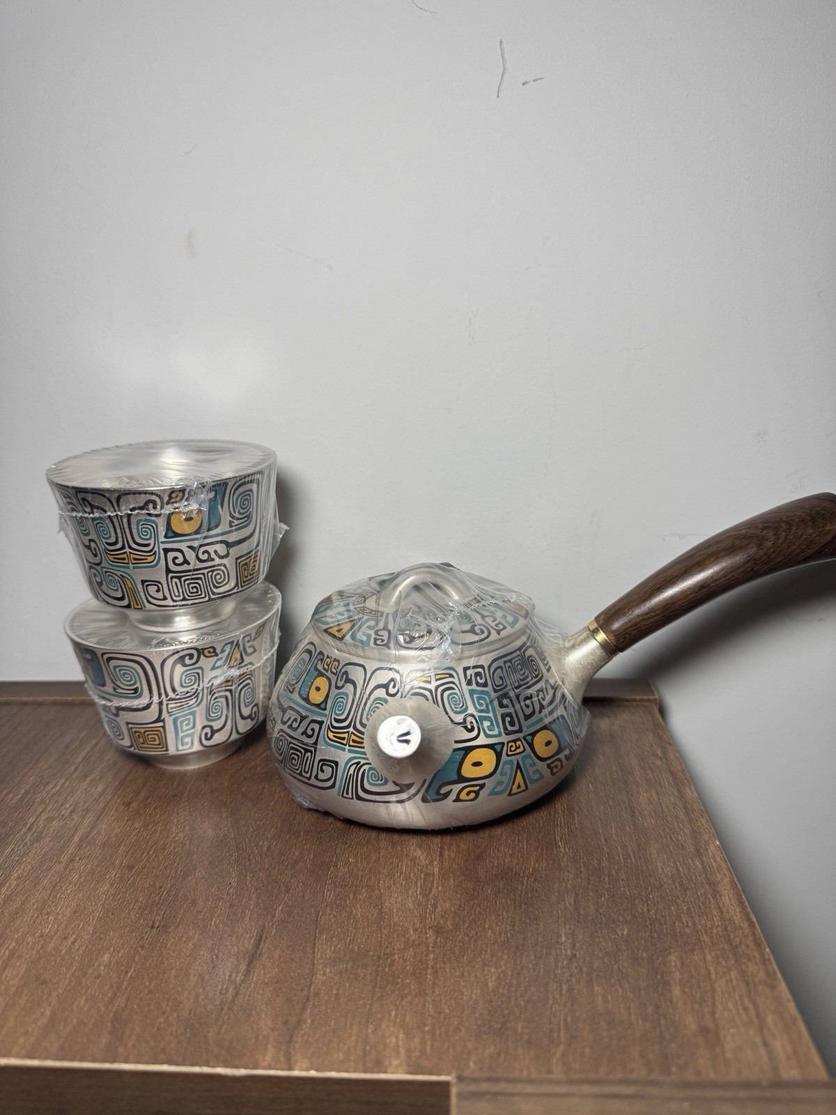 Chinese 990 Fine Silver Teapot and 2 Cups Set Geometric Design with Certificates