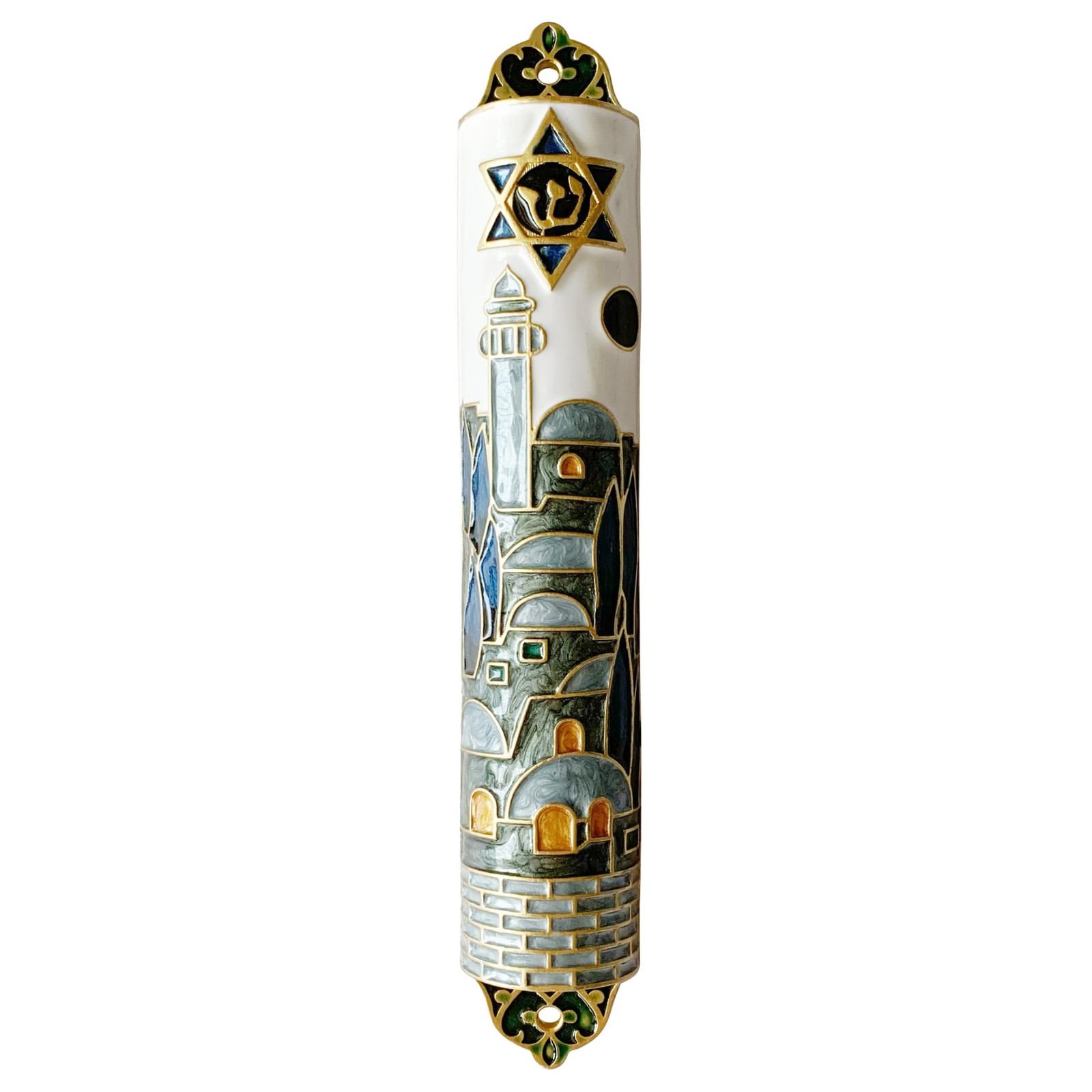 Hand Painted Mezuzah, 9.5 Inches Exquisite Enamel Mezuzah with Star of David and