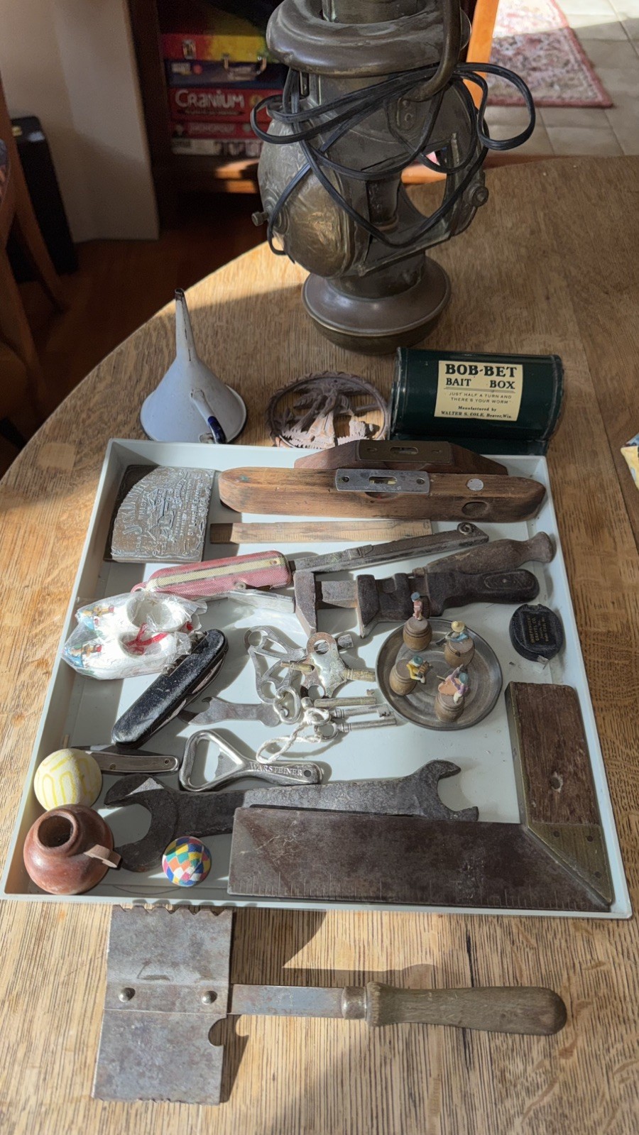 Vintage Mixed Lot Tools & Collectibles w/ Bob-Bait Box, Keys, Openers , Lantern