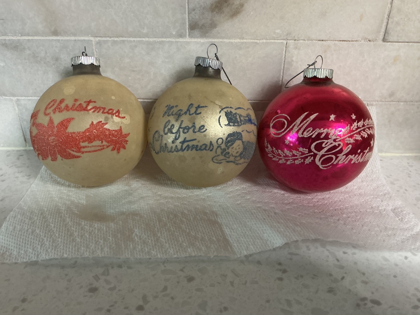 3 Vtg Large Stencil Christmas Ornaments Night Before & Merry Shiny Brite