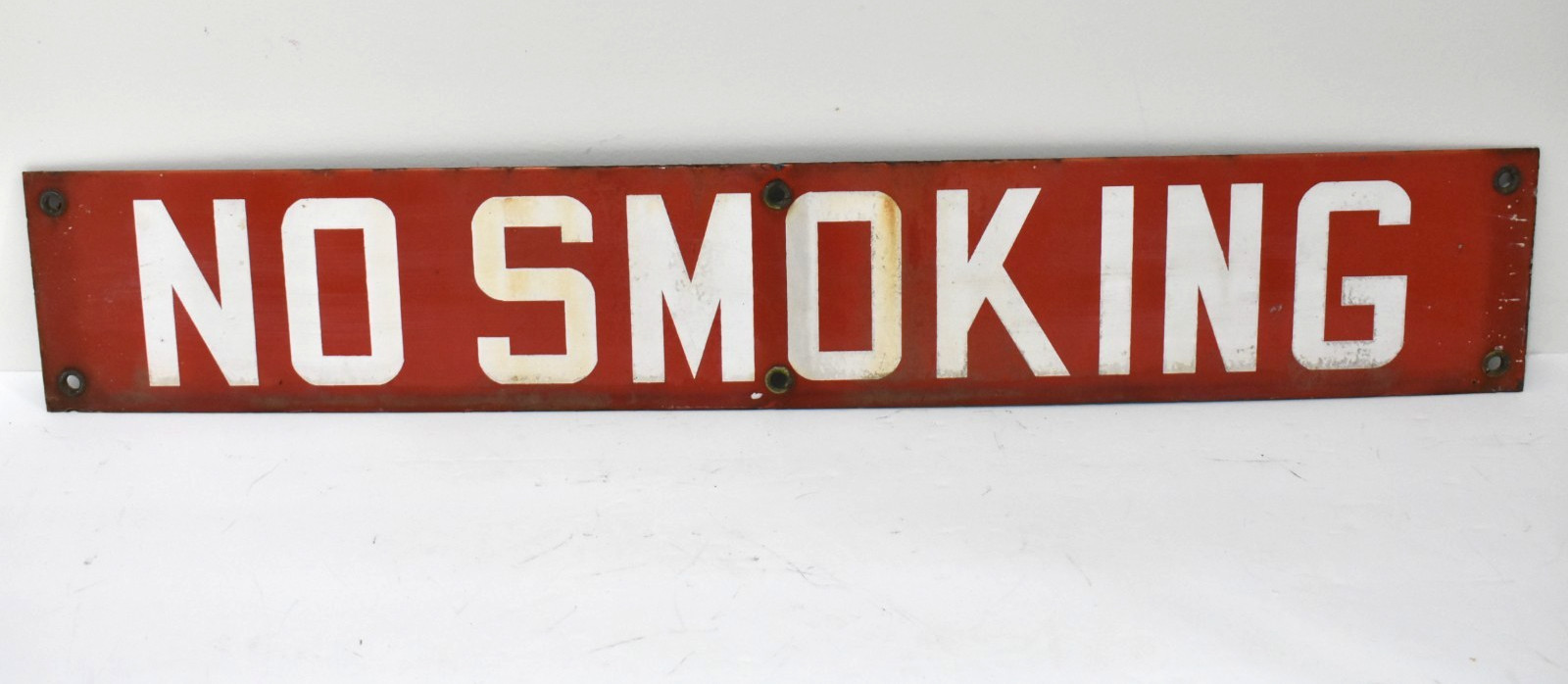 Vintage NO SMOKING Painted Metal Sign 24” Long by 4” Red White Grommets