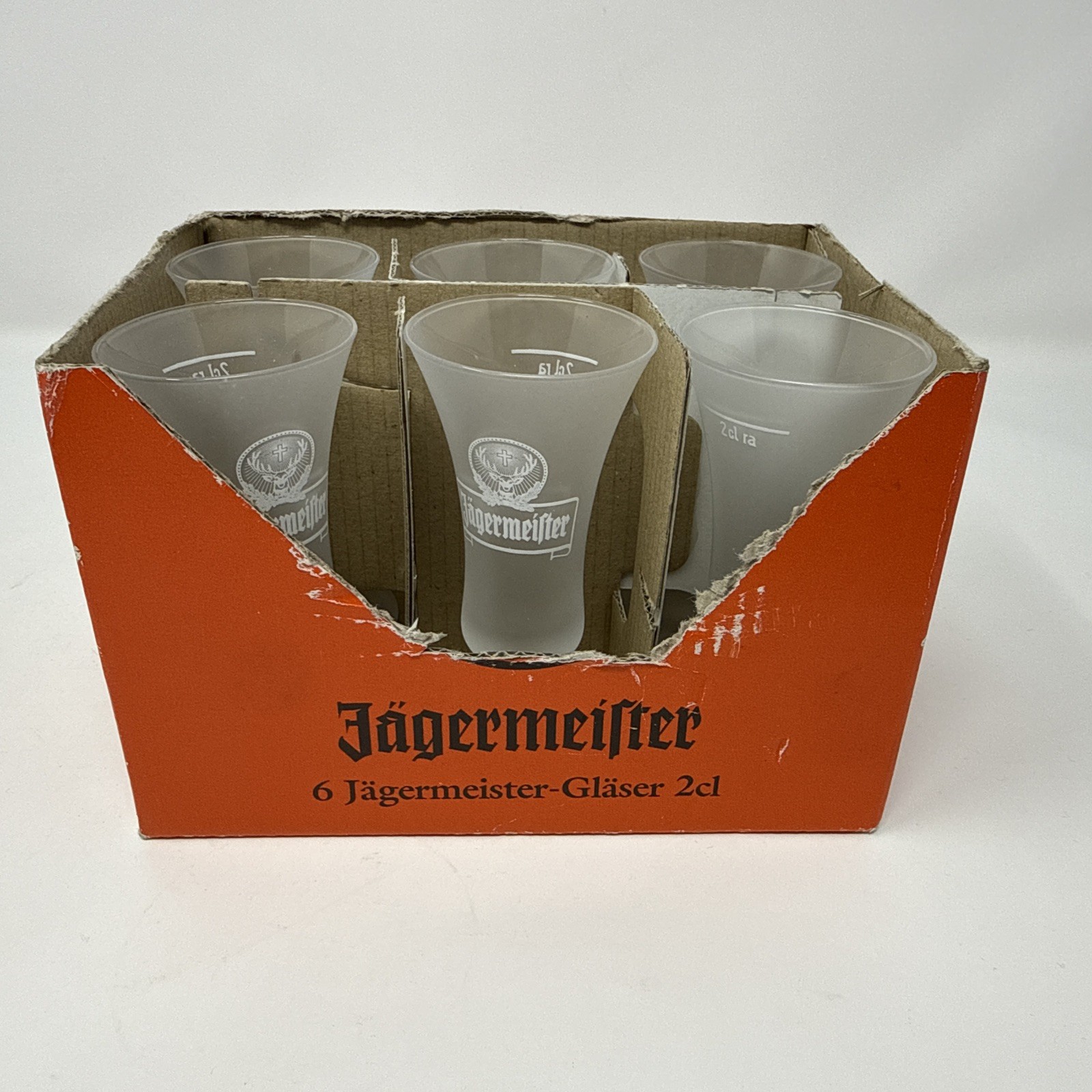 Vtg  Jägermeister Boxed Set, Frosted 3oz D-38296, 6 Frosted Cordial Shot Glasses