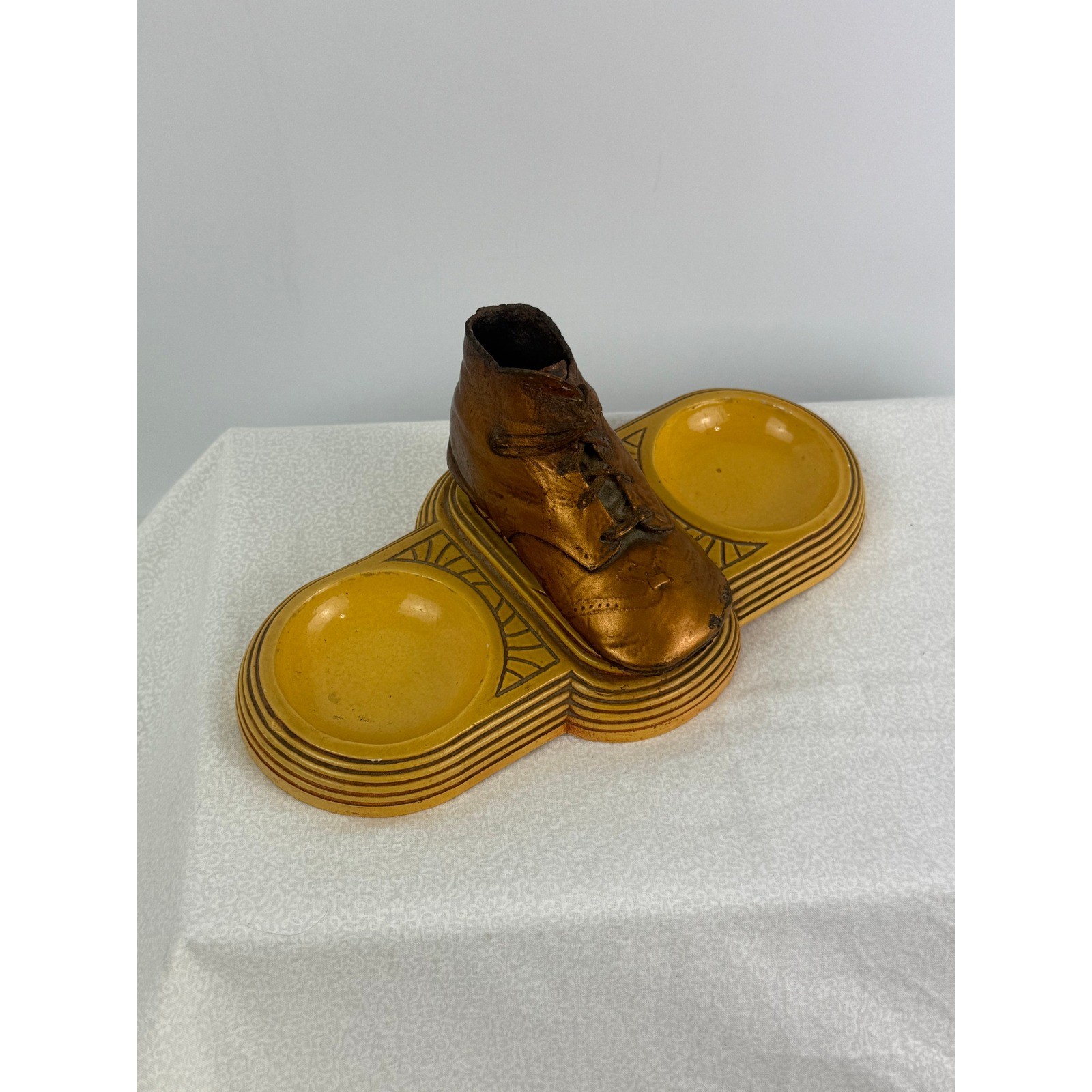 Vintage Bronzed Baby Shoe on Art Deco Yellow Trinket Dish Double Vintage Bronzed Baby Shoe on Art Deco Yellow Trinket Dish Double