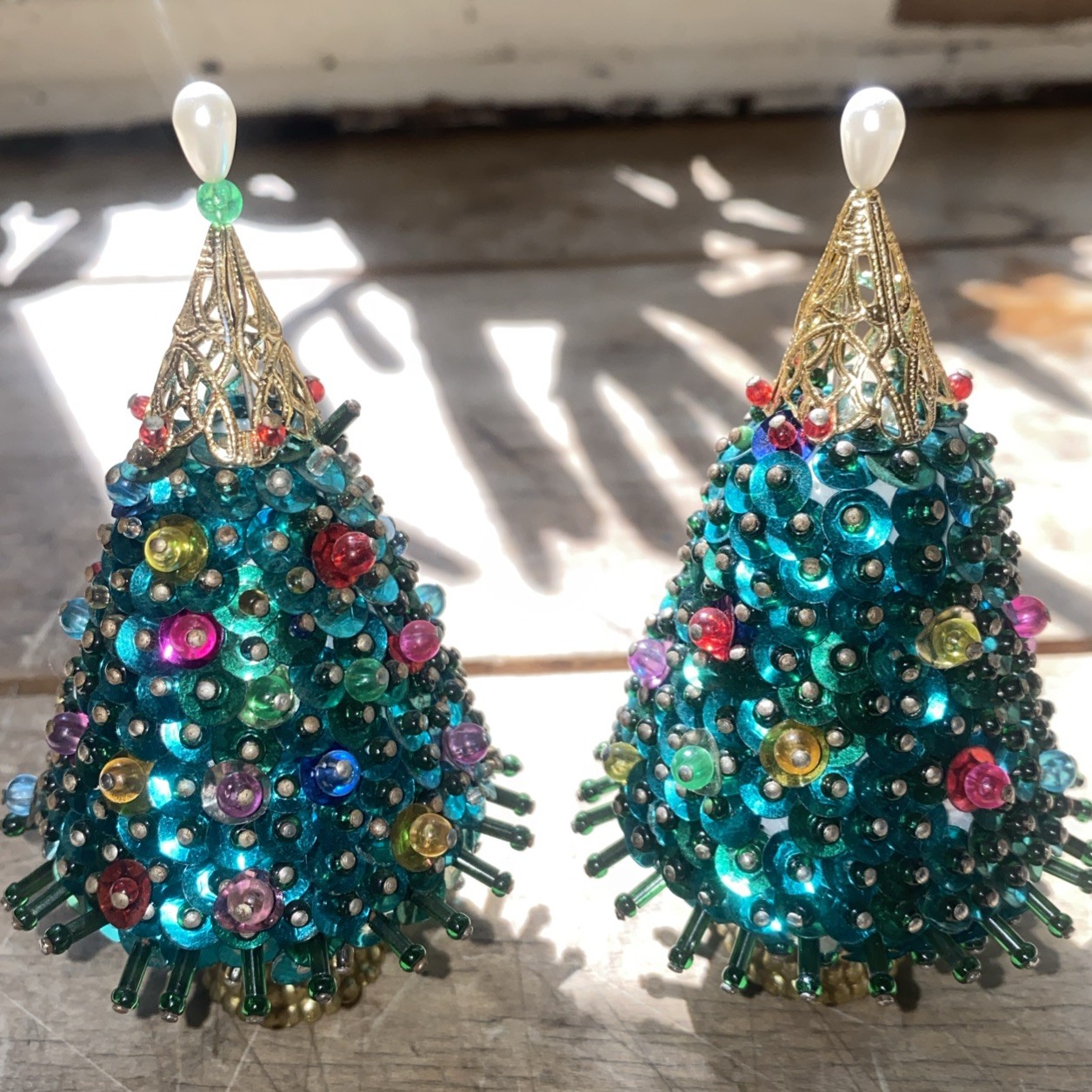 Lot 2 Vtg Tree Push Pin Beaded Sequins Christmas Ornament Box Style multi color