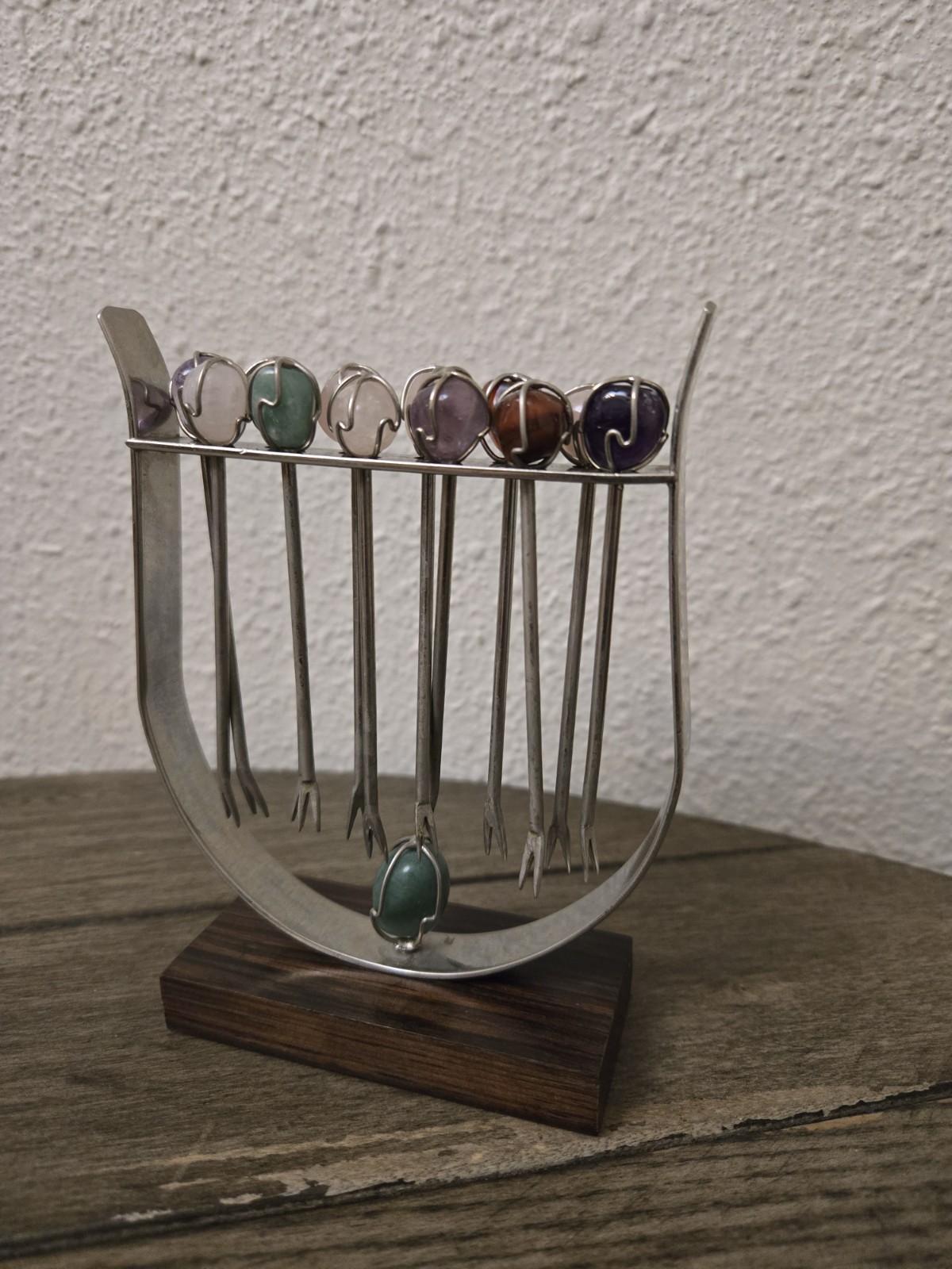 Vintage MCM Gemstone Cocktail Forks Skewers In Dark Wood & Chrome Rack Retro 