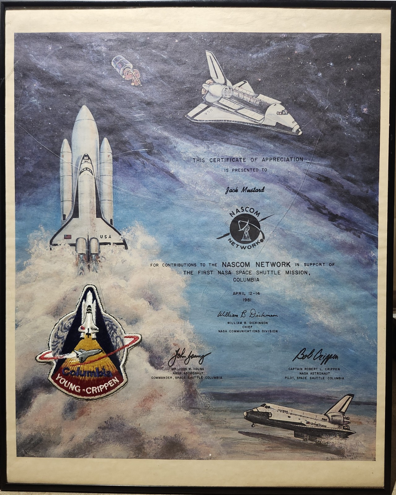 NASA STS-1 Columbia Shuttle NASCOM Network Certificate Of Appreciation 1981