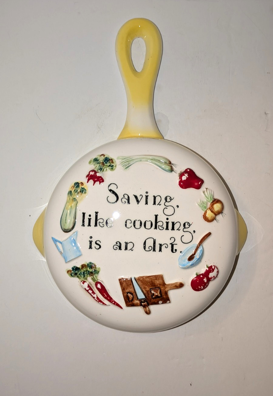 Vintage Geo Lefton Ceramic Wall Pocket Coin Bank Shaped Like a Frying Pan 
