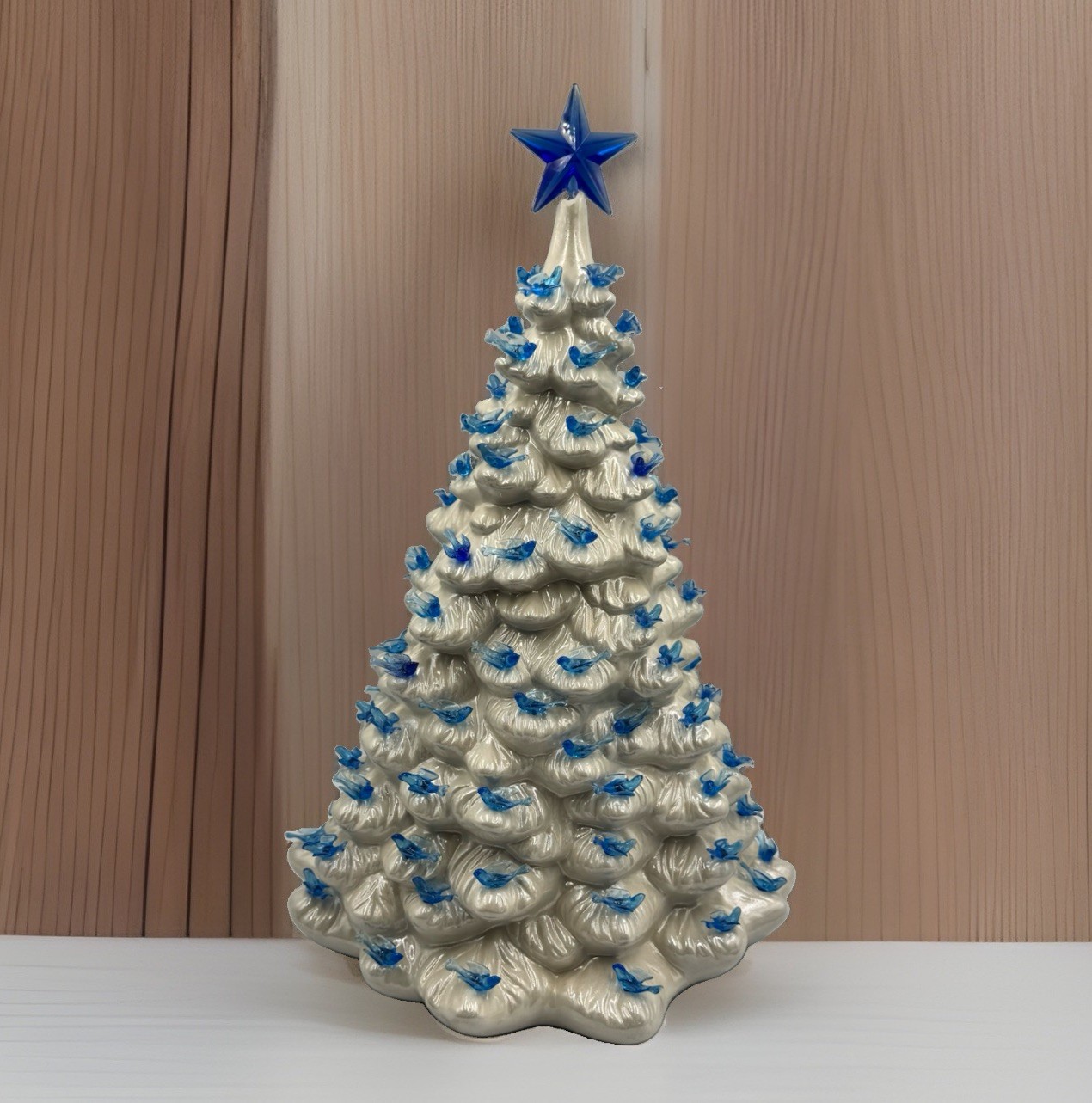 VTG Holland Mold Ceramic Christmas Tree White Blue Birds Star 18” No Base Jumbo