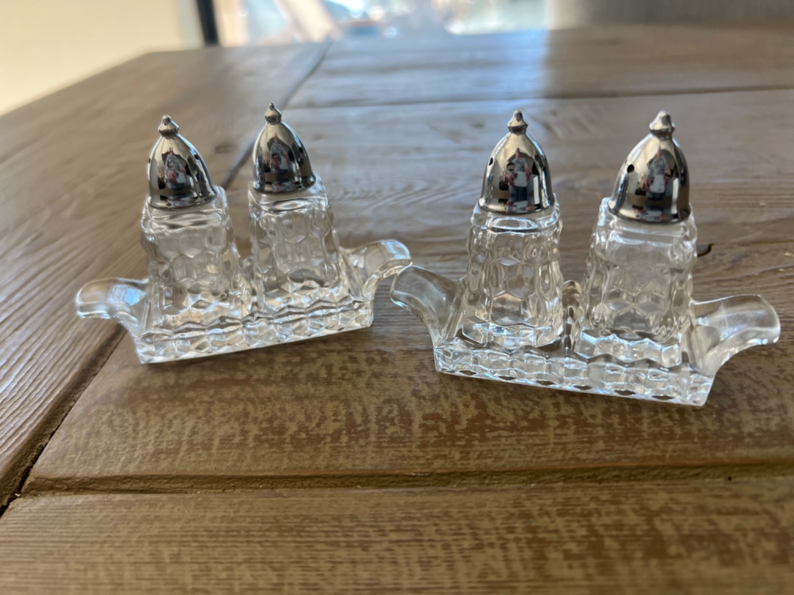 2 Vintage Fostoria American Clear Cube Glass Salt & Pepper Shaker Sets with Tray