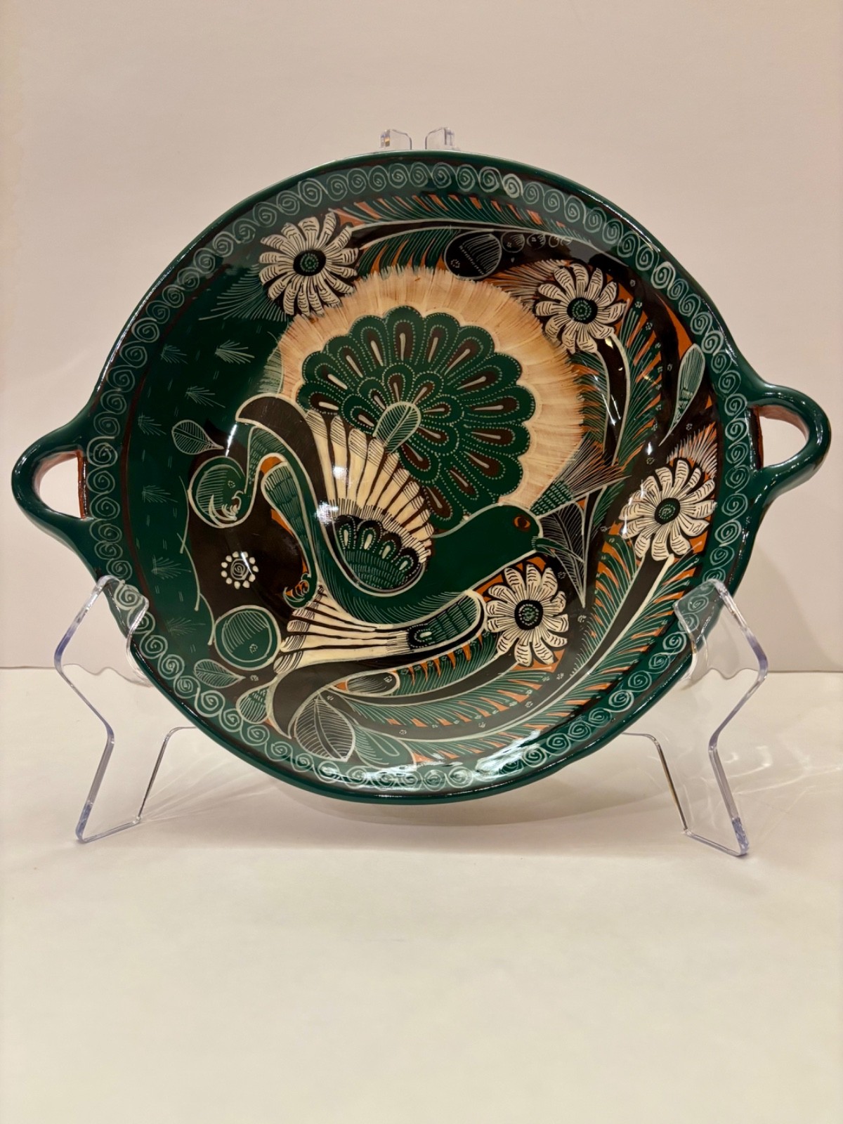 Vintage Mexican Folk Art Pottery Bowl J. de la Cruz Acapulco Bird 11.5”