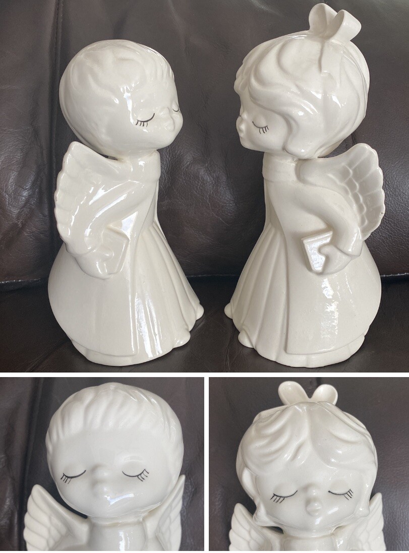 2 VTG Porcelain Ceramic Glossy White Kissing Winged Boy & Girl Angels Figurines