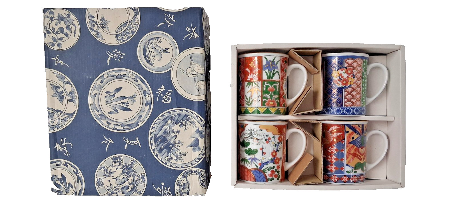 4 vintage Imari-style gold rimmed porcelain cups made in China w/decorative box 4 vintage Imari-style gold rimmed porcelain cups made in China w/decorative box