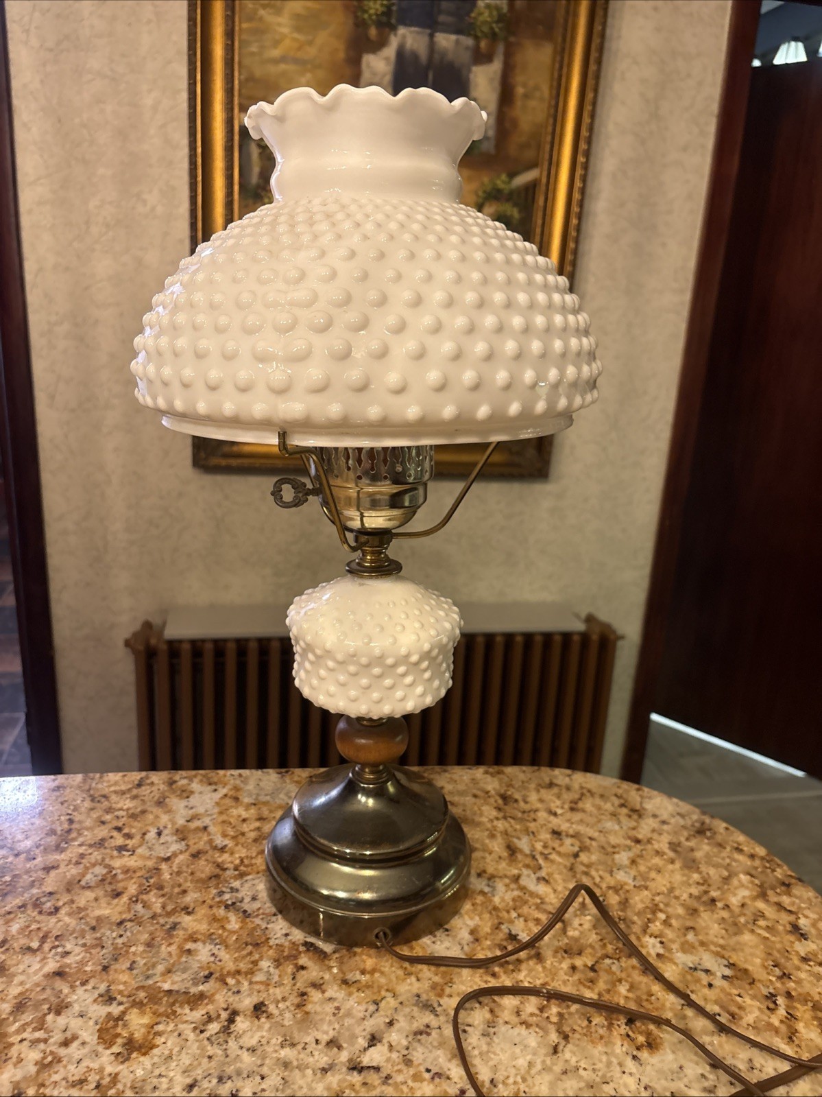 Vintage Hobnail Milk Glass Hurricane Table Lamp 20”