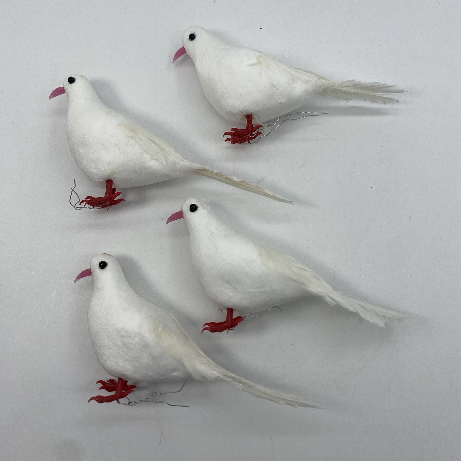 Vintage White Dove Bird Christmas Ornaments Lot of 4 Wired Feet Real Feathers
