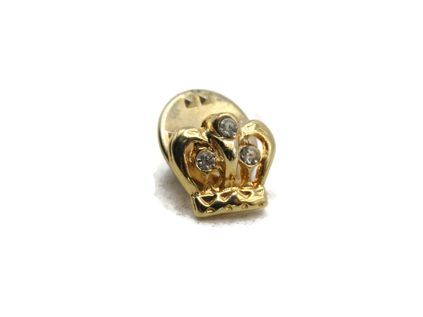Gold Tone Crown Lapel Pin Brooch Jeweled Clear Rhinestone Vintage Style Tie Tack