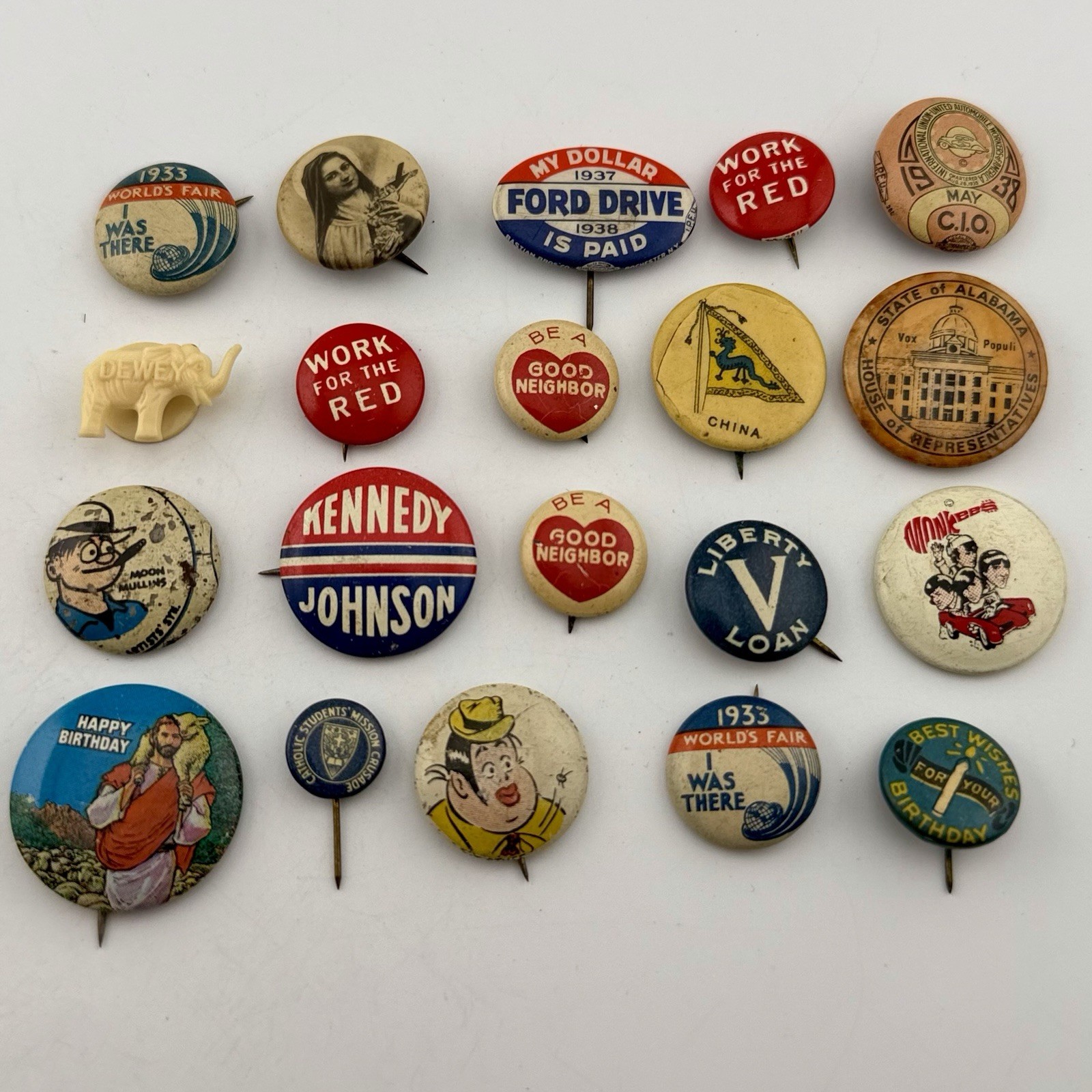 Vintage Pinback Button Lot 20 Pc Political 1933 World’s Fair Ford Liberty Loan