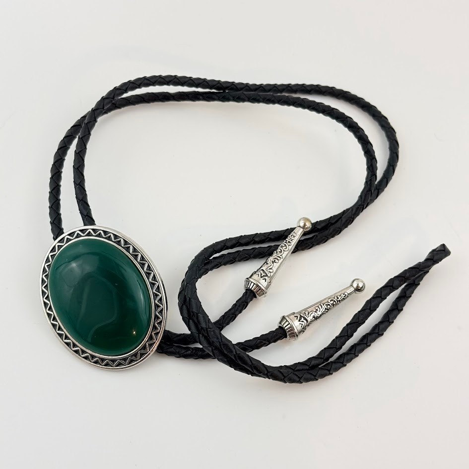 Vtg Green Stone Southwestern Bolo Tie Silver Tone Cowboy Western