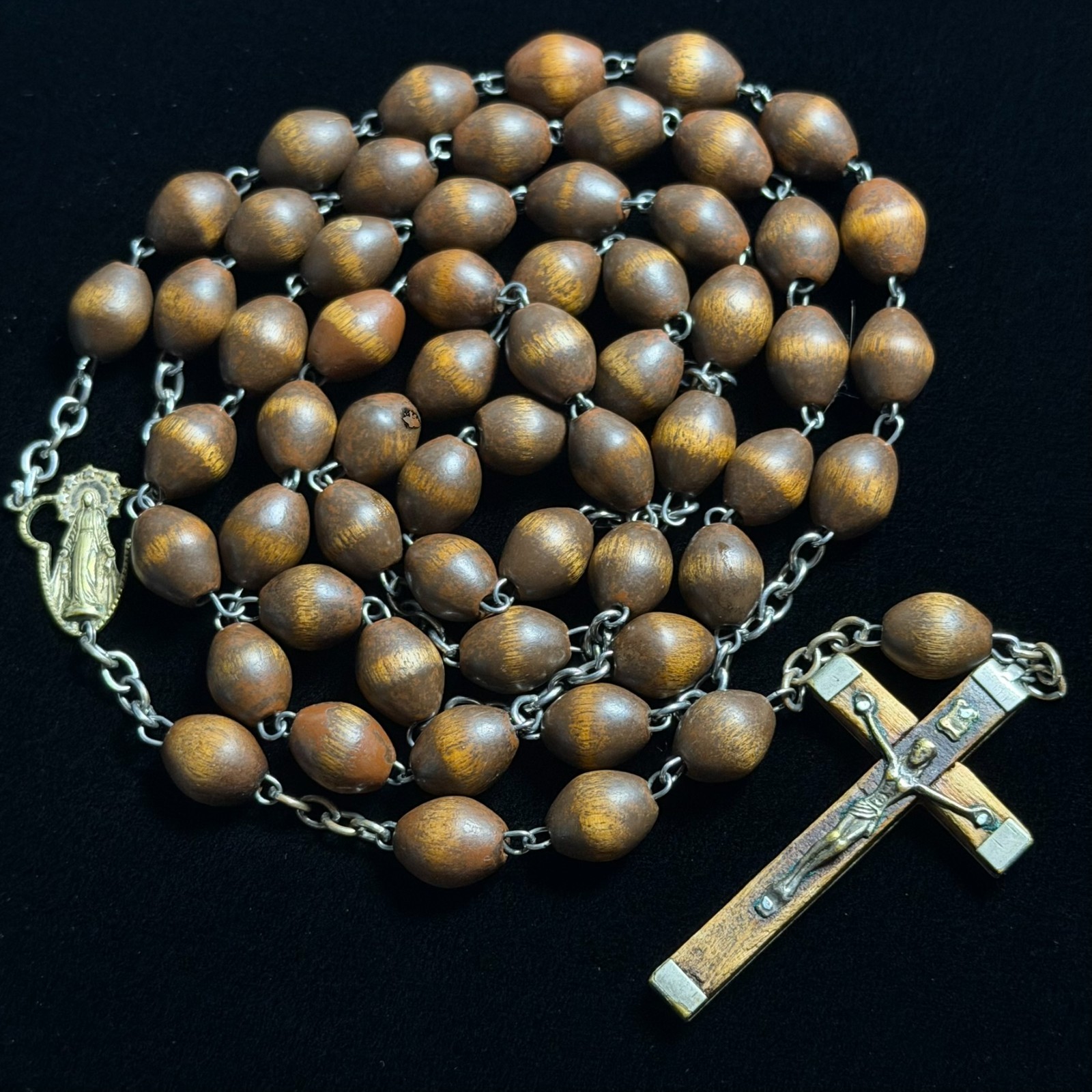 Vintage Large Brown Wood Bead 29.5 Inch Rosary Made in Italy Christian Jewelry