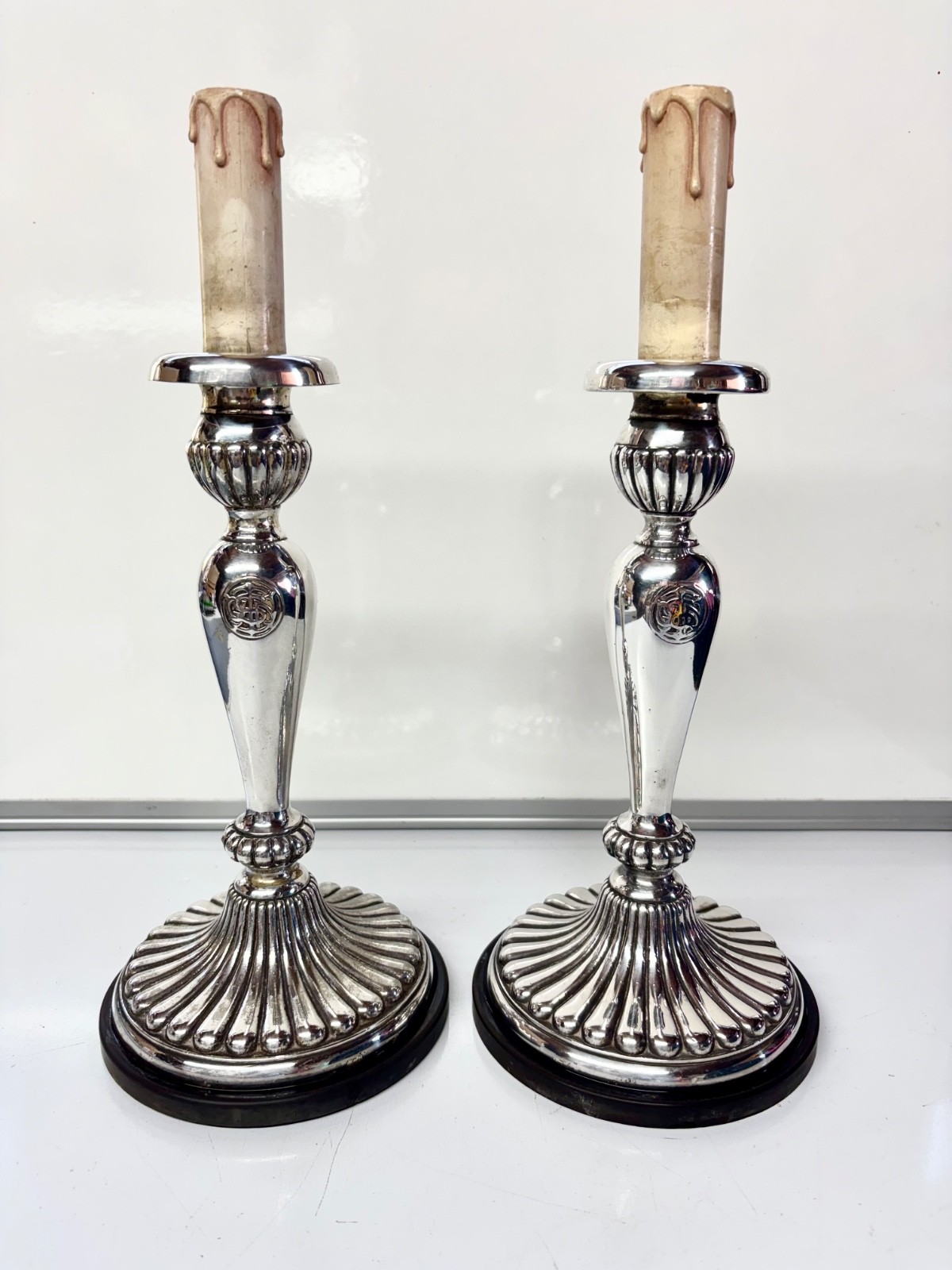 Antique. United States Navy. Pair Of Silver Plated Candlesticks. Electric Lamps.