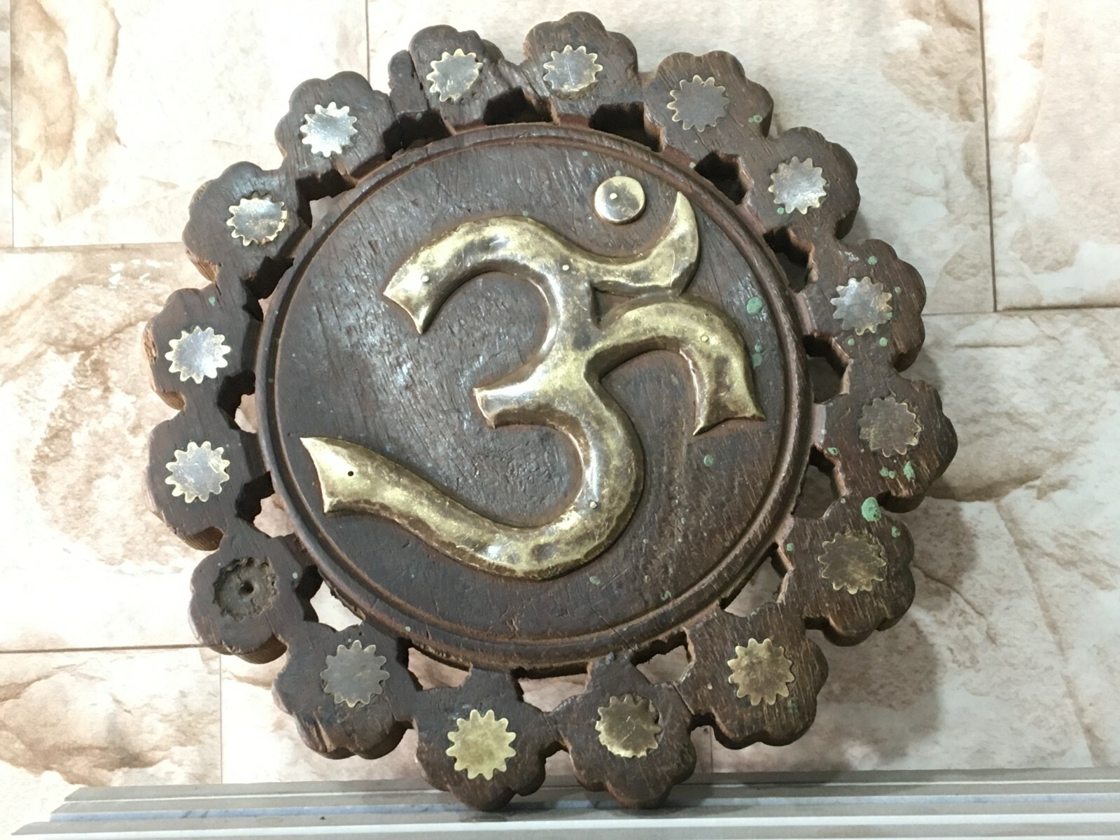 Vintage Handcrafted Rare Brass Fitted Holy Om Symbol On Wooden Frame Showpiece